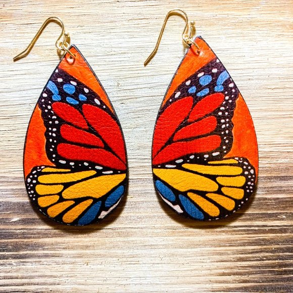 Butterfly Dangle Earrings, Vibrant Red, Orange, Yellow colors - Picture 1 of 2